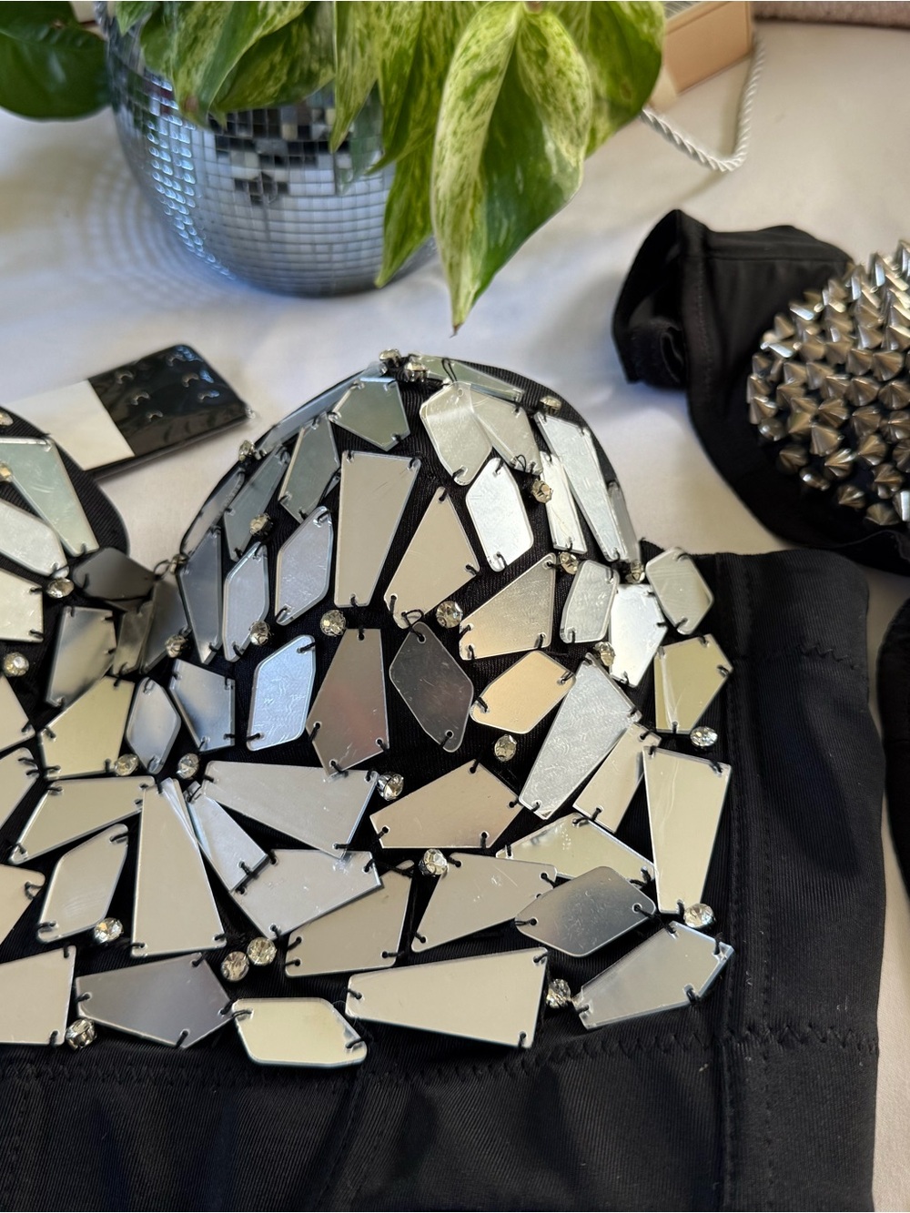 Rave/Festival Bras Used Black Sequin Mirror-Embellished Bra Top and Spikey Bra